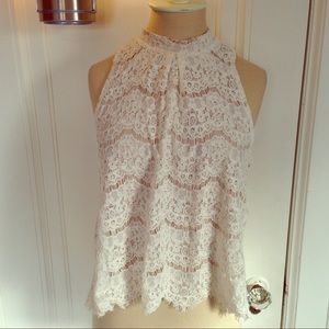 Collared White Lace Sleeveless Top w/ Nude Lining